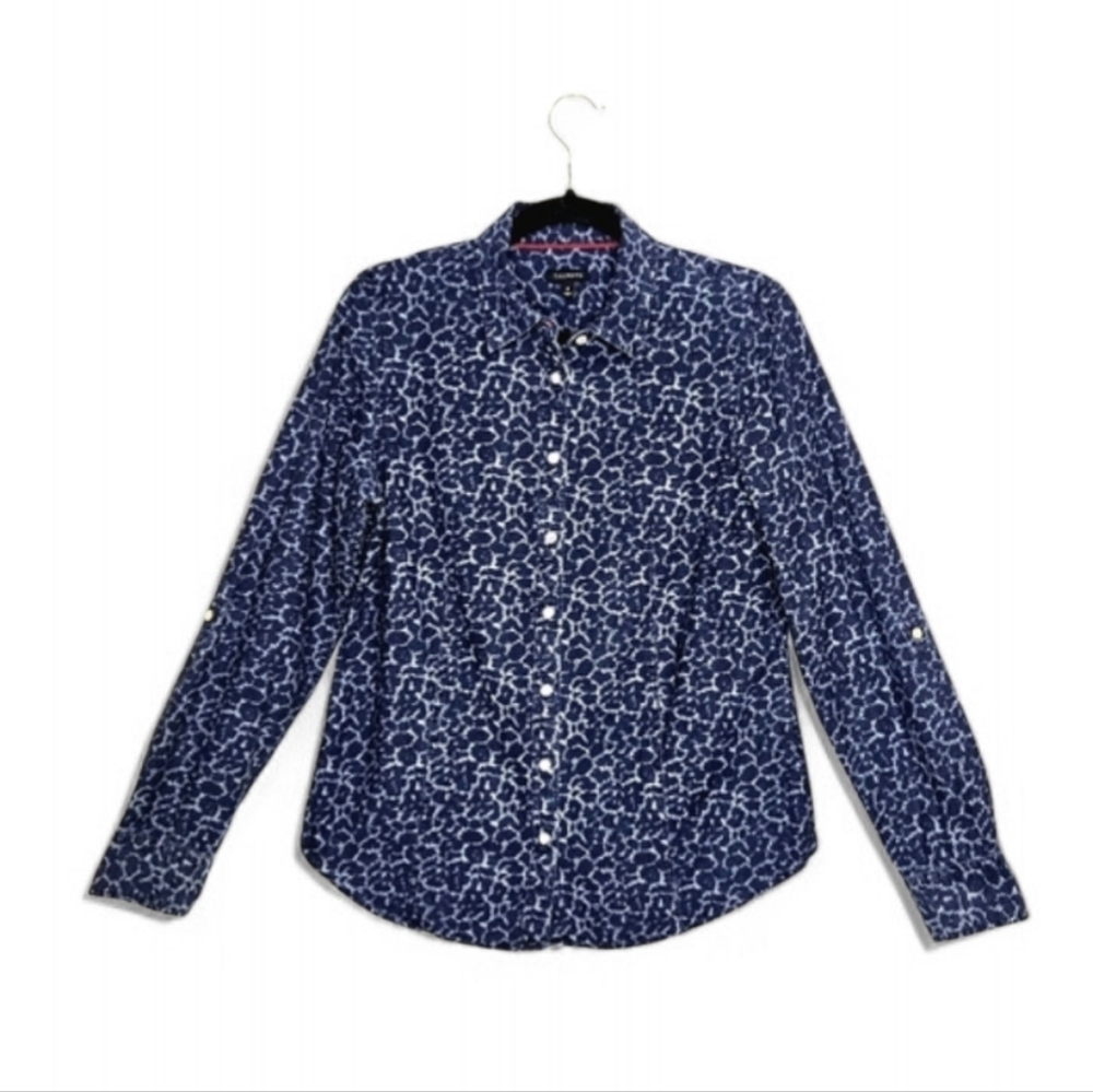 Talbots button front, long sleeve Shirt, Navy print, 6.